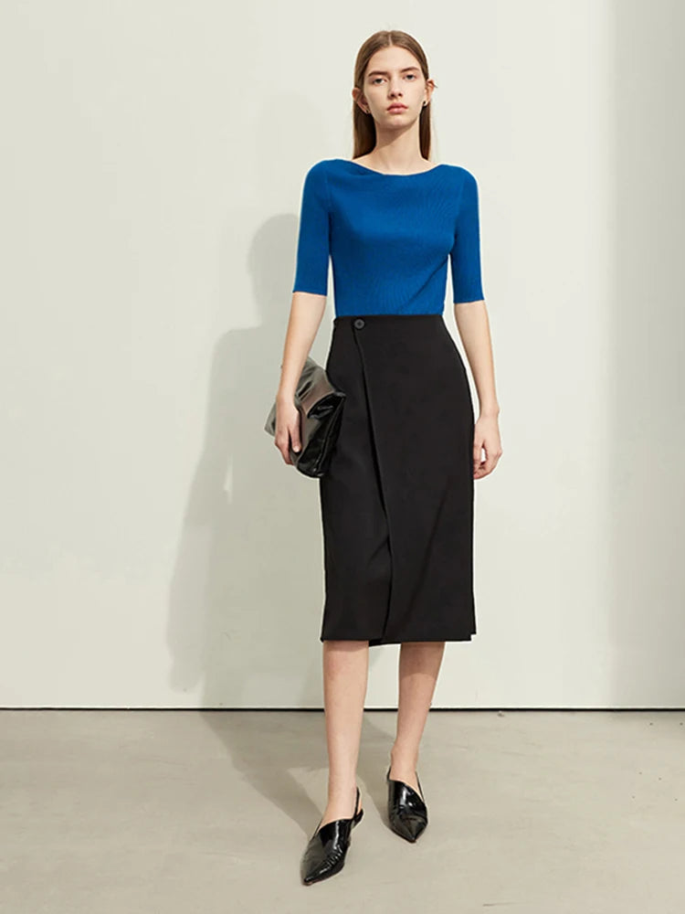 Minimalism Women Skirts 2024 Spring New Asymmetric Lap Piece A-line Solid Trendy Commuter Mid-Calf Skirt For Lady 12421040