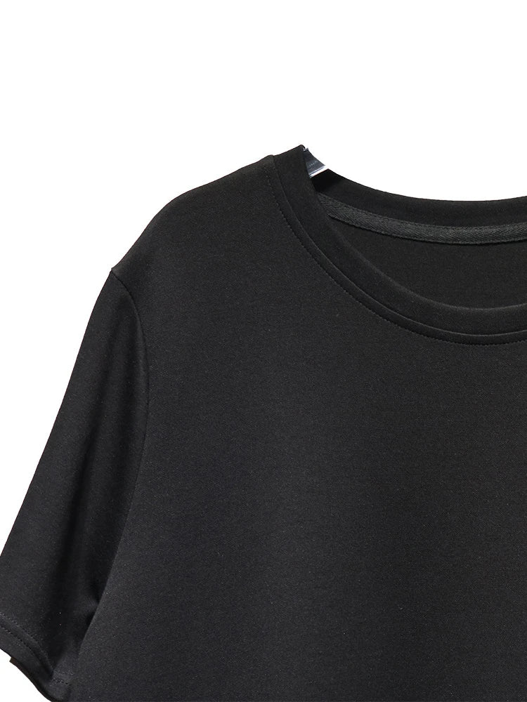 Women Black Irregular Pleated Big Size Midi Dress New Round Neck Short Sleeve Fashion Tide Spring Summer 2025 1DJ0851