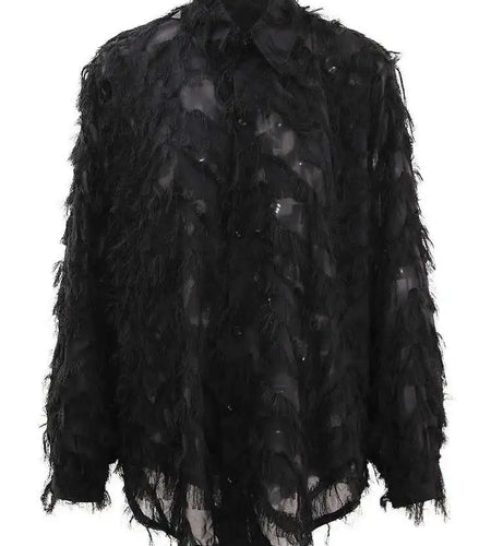 Women Black Tassels Thin Big Size Casual Blouse New Lapel Long Sleeve Shirt Fashion Tide Spring Autumn 2025 CPG1647
