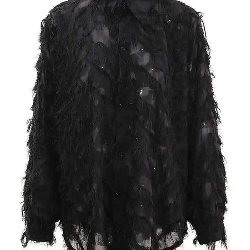 Load image into Gallery viewer, Women Black Tassels Thin Big Size Casual Blouse New Lapel Long Sleeve Shirt Fashion Tide Spring Autumn 2025 CPG1647
