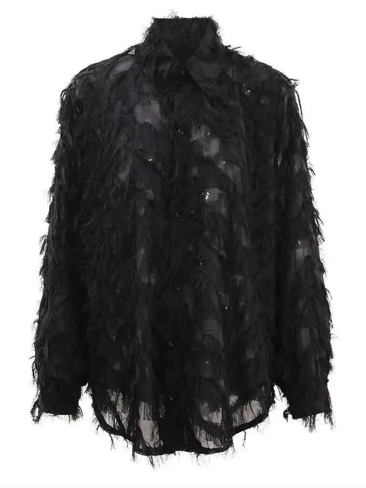 Women Black Tassels Thin Big Size Casual Blouse New Lapel Long Sleeve Shirt Fashion Tide Spring Autumn 2025 CPG1647