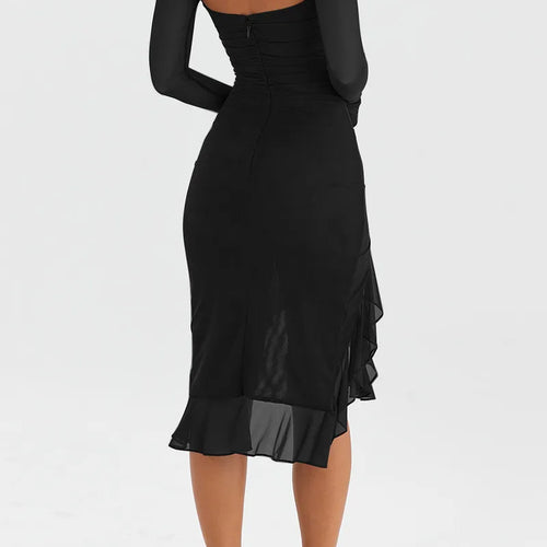 Load image into Gallery viewer, Elegant Ruffle Ruched Midi Dress For Women Robe Sheer Long Sleeve Backless Irregular Club Party Sexy Dress Vestido
