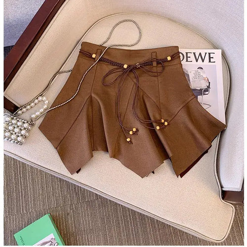 Load image into Gallery viewer, Autumn Winter Black Leather Pleated Mini Skirt Retro Woman 2024 Brown High Waist Sexy Club Bandage Irregular Short Pu Skirt Chic
