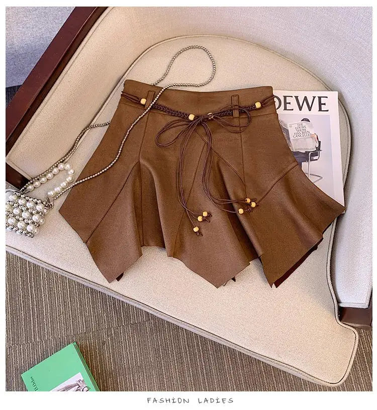 Autumn Winter Black Leather Pleated Mini Skirt Retro Woman 2024 Brown High Waist Sexy Club Bandage Irregular Short Pu Skirt Chic