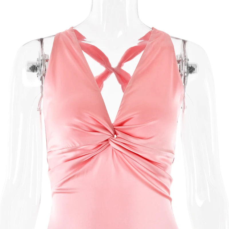 Satin Bow Backless Sexy Maxi Dress For Women Gown Fashion V Neck Sleeveless Club Party Evening Dress Elegant