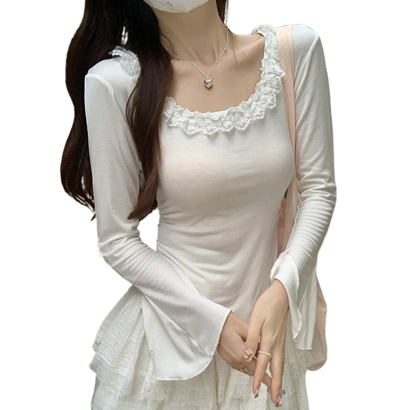 y2k Tops Women Coquette Clothing Ruffle Trim Scoop Neck Long Sleeve T Shirts Fairycore Aesthetic Clothes Streetwear