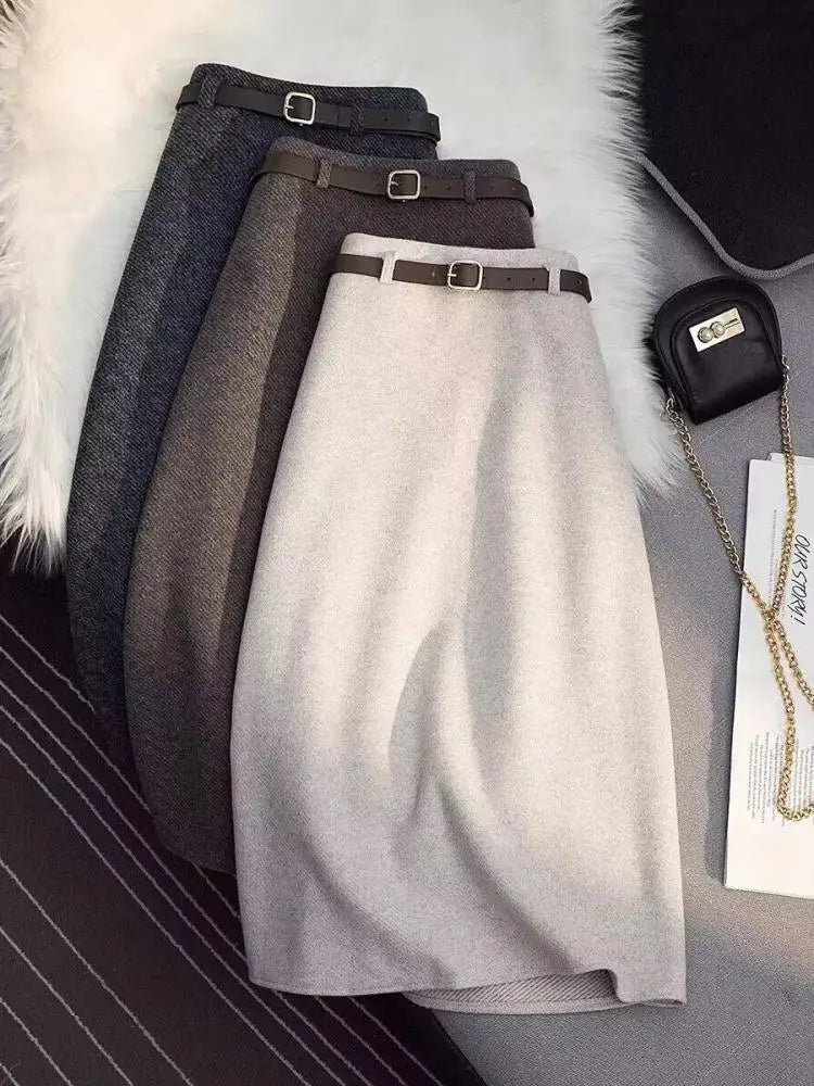 2023 Winter Solid Woolen Midi Skirt Women Elegant Streetwear A-line Zipper Long Skirt Female Vintage High Waist Thick Simple New