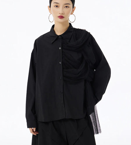 Women White Mesh Color-block Irregular Big Size Blouse New Lapel Long Sleeve Shirt Fashion Tide Spring Autumn 2025 1DH6674