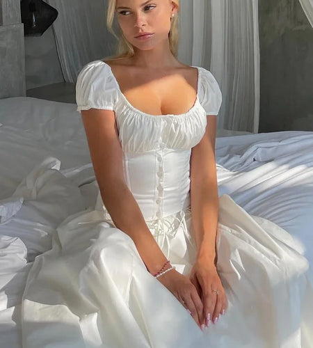 White Cropped Corset Tops Cotton Sexy Short Puff Sleeve T-Shirts Blouse Womens Clothing 2023 Drawstring Tees