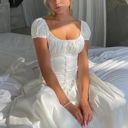 Load image into Gallery viewer, White Cropped Corset Tops Cotton Sexy Short Puff Sleeve T-Shirts Blouse Womens Clothing 2023 Drawstring Tees
