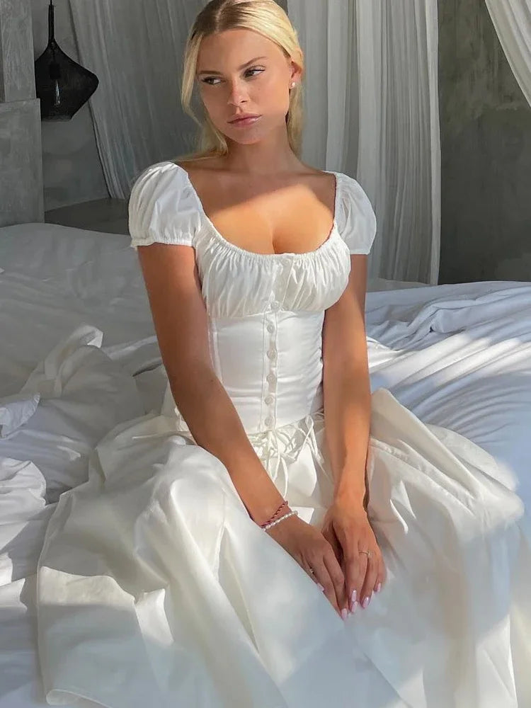 White Cropped Corset Tops Cotton Sexy Short Puff Sleeve T-Shirts Blouse Womens Clothing 2023 Drawstring Tees