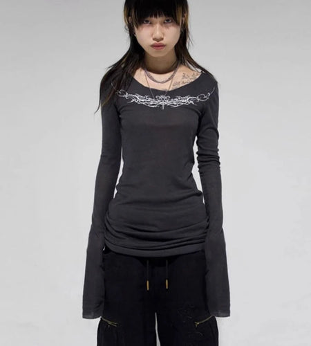 2025 Y2k Aesthetic Creamy-white Women Sexy T-shirt Vintage Printing Streetwear Grunge Tshirts Harajuku Bodycon Gothic Tees Femme