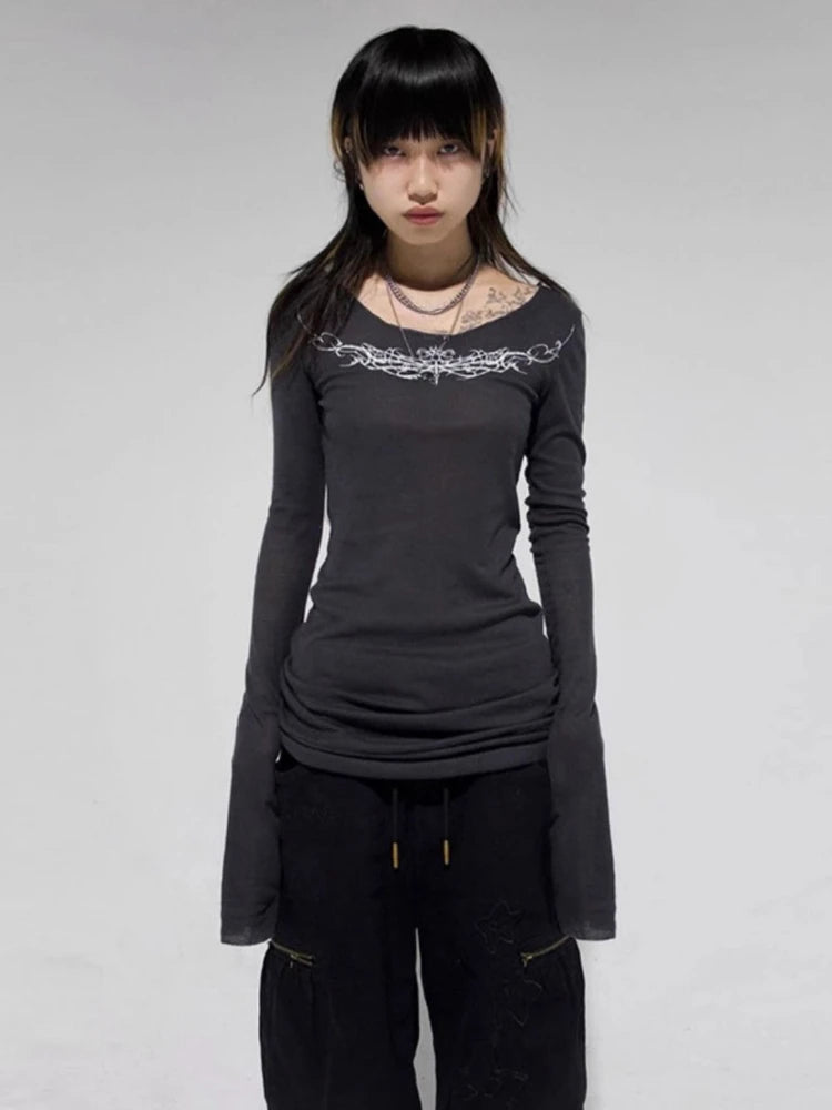 2025 Y2k Aesthetic Creamy-white Women Sexy T-shirt Vintage Printing Streetwear Grunge Tshirts Harajuku Bodycon Gothic Tees Femme