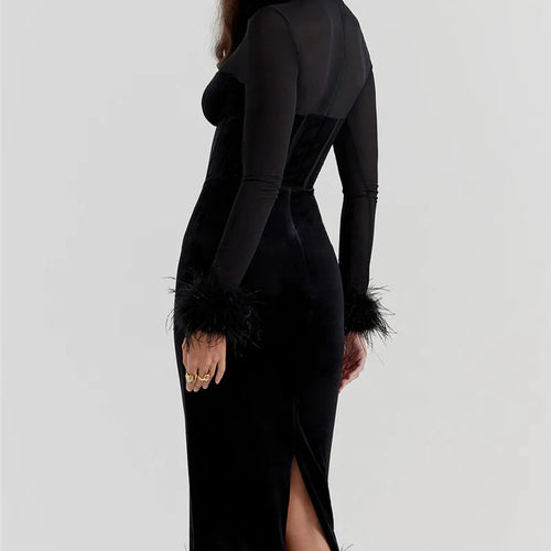 Load image into Gallery viewer, Elegant Feather Sexy Midi Dress For Women Black Fashion Sheer Long Sleeve Backless Bodycon Club Party Long Dress
