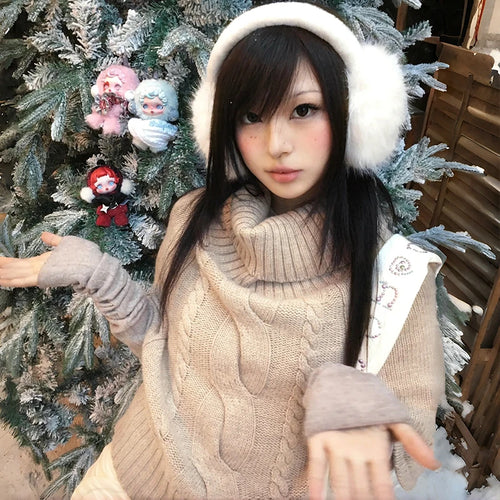 Load image into Gallery viewer, Japanese Y2k Khaki Cape Sweater Vintage Harajuku Knit Loose Pullover Korean Style Turtleneck Knitwear 2000s Aesthetics
