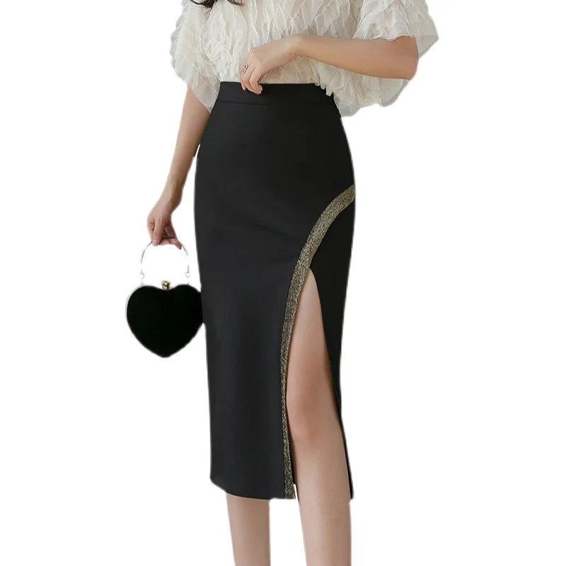 Korean Version Spring Summer Women Patchwork High Waist Midi Skirt Streetwear Popular Sexy Oversized Wrap Hip Split Skirt Trendy