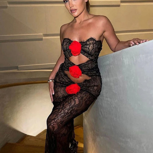 Load image into Gallery viewer, Sexy Lace Sleeveless Hollow Out Dress Women Elegant 3 Flowers Party Evening Femme Vestidos Bodycon Sheer Autumn 2023
