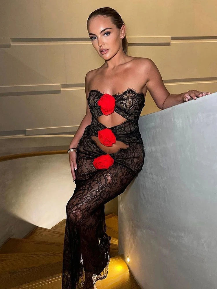 Sexy Lace Sleeveless Hollow Out Dress Women Elegant 3 Flowers Party Evening Femme Vestidos Bodycon Sheer Autumn 2023