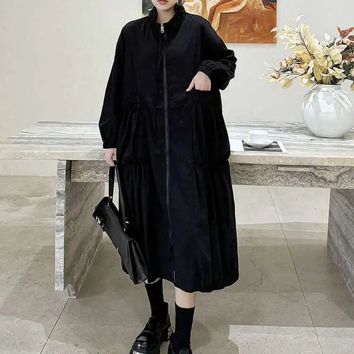 Load image into Gallery viewer, Women Khaki Pleated Big Size Casual Midi Dress New Stand Collar Long Sleeve Fashion Tide Spring Autumn 2025 1DH6824
