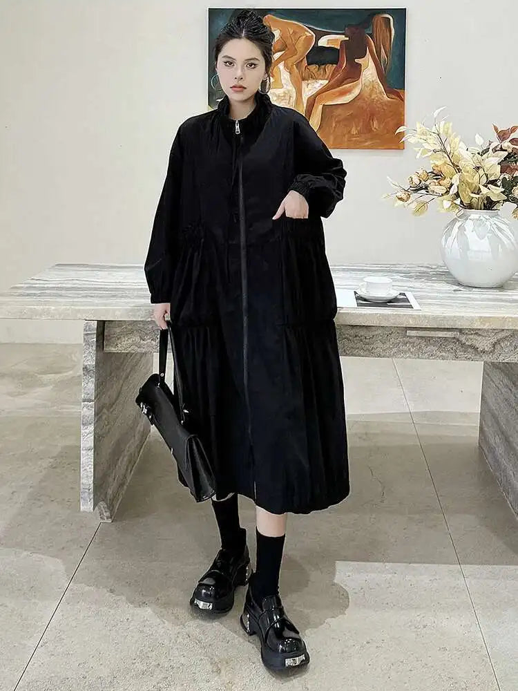 Women Khaki Pleated Big Size Casual Midi Dress New Stand Collar Long Sleeve Fashion Tide Spring Autumn 2025 1DH6824