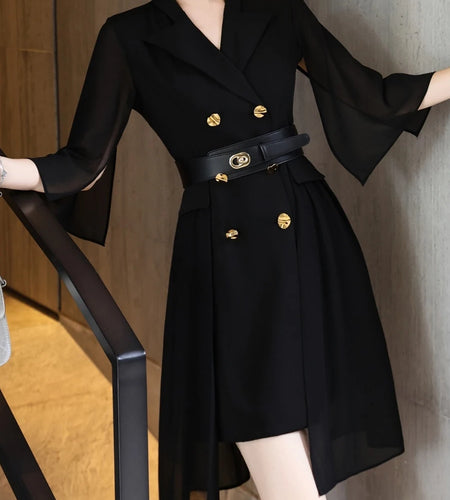 Solid Sheer Spliced Belt Temperament Dresses for Women Lapel Half Sleeves Patchwork Double Breasted Dress Female