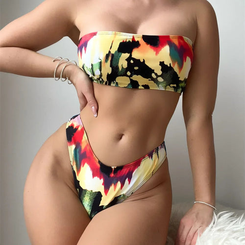 Load image into Gallery viewer, Sexy Colorful Bandeau Three Pieces Swimsuit with Cover Up 2025 Brazilian Swimwear Women Biquini Beachwear
