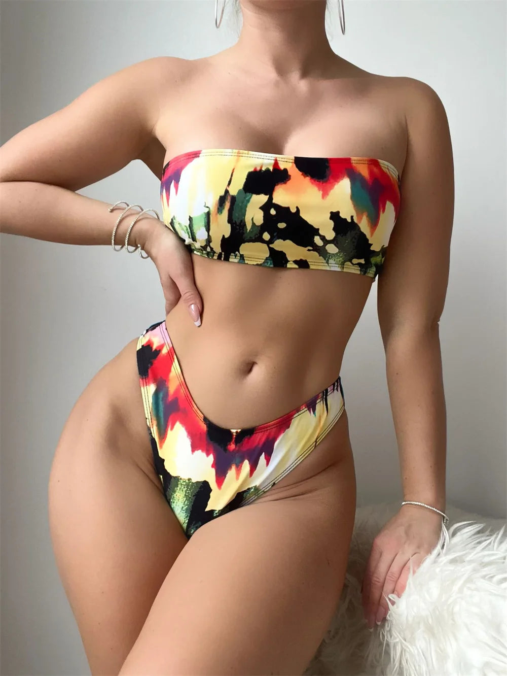 Sexy Colorful Bandeau Three Pieces Swimsuit with Cover Up 2025 Brazilian Swimwear Women Biquini Beachwear