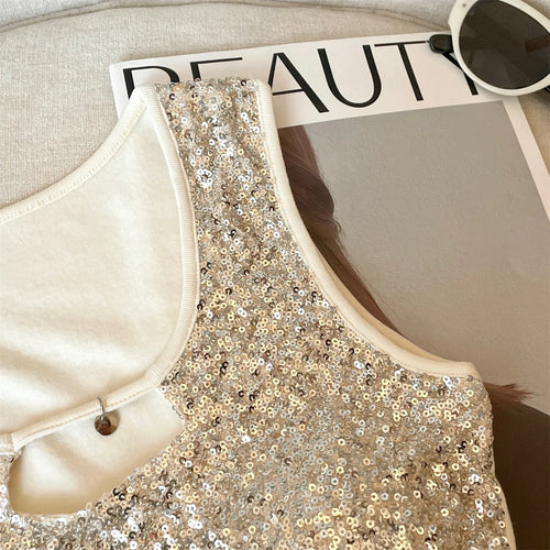Load image into Gallery viewer, French Women Black Beige Sequin Elegant Sleeveless Vest Summer New Red Hollow Out Round Neck Holiday Short Tank Top Popular Chic
