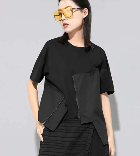 Women White Irregular Zippper Casual Big Size T-shirt New Round Neck Short Sleeve Fashion Tide Spring Summer 2025 1DE8921