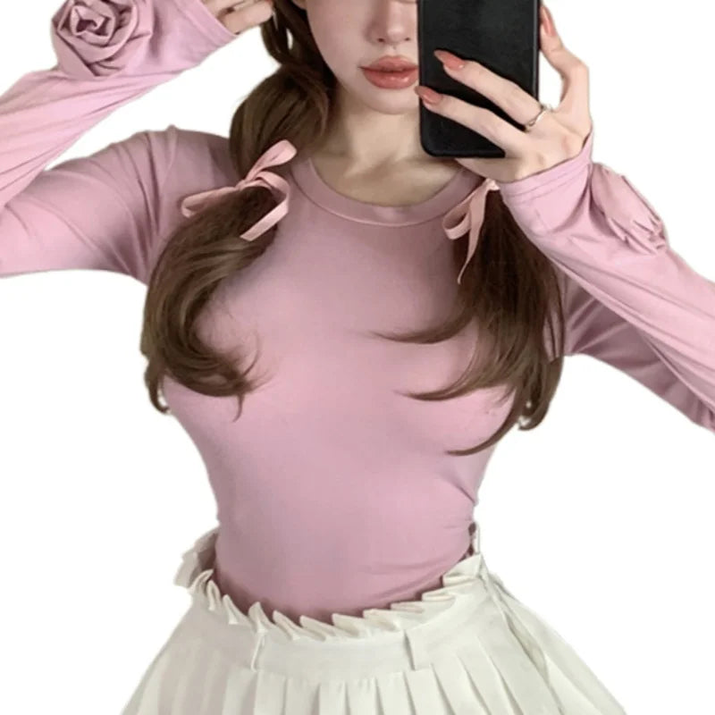 y2k Aesthetic Tops Women Clothes Solid Color Round Neck Long Sleeve T Shirt with 3D Flower 2000s Clothing Club Wear