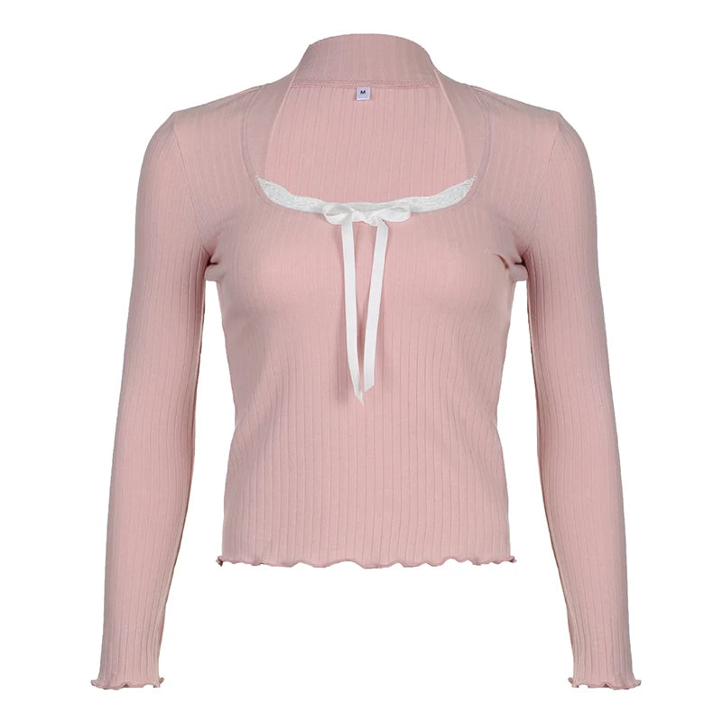 Korean Pink Sweet Knit Women's Tee Shirt Slim Coquette Clothes Lace Patched Bow Top Casual Autumn T shirts Frill