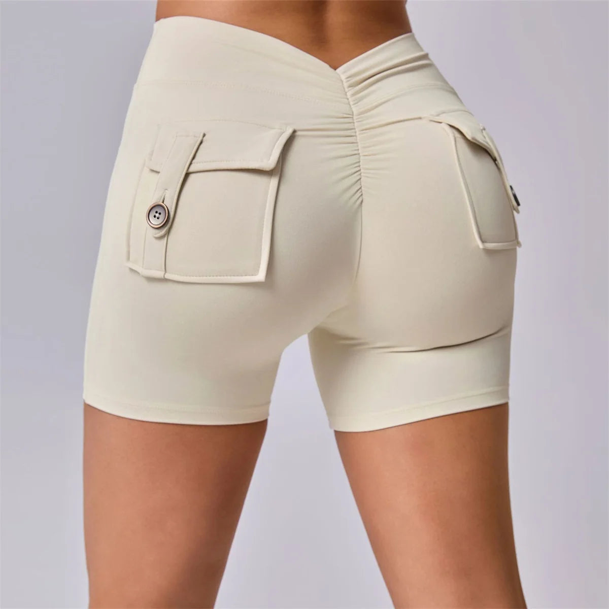 Deep V Back Yoga Shorts Women Pocket Scrunched Butt Gym Leggings High Waist Push Up Tights Sexy Booty Sports Shorts Fitness