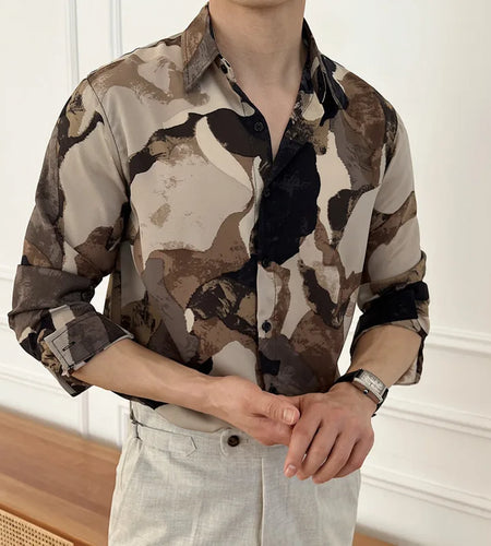 Men's Casual Shirts New Korean Printing Long Sleeve Shirt Loose Turn-down Collar Stylish Single Breasted Male Top 9W1575