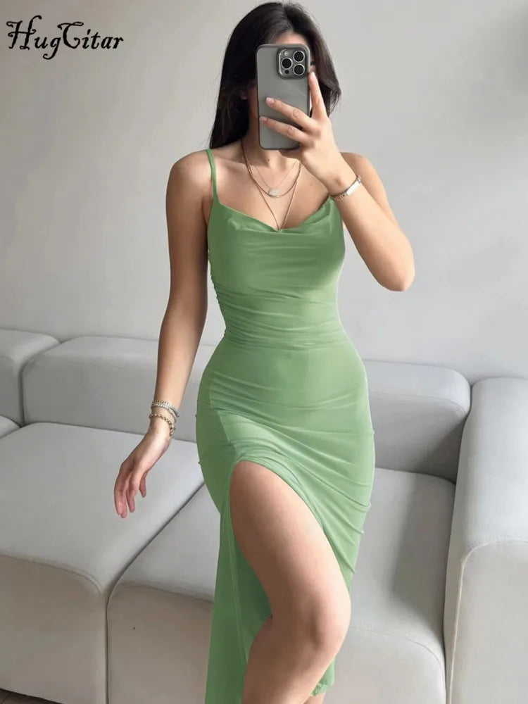 Elegant Solid Swinging Collar Slips Backless Slit Sexy Slim Midi Prom Dress Summer Women Clothes Party Festival