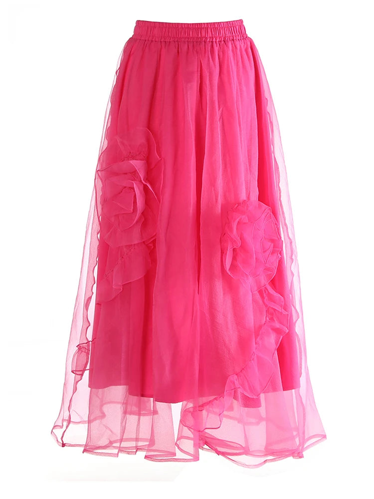 High Elastic Waist Khaki Three-dimensional Flower Mesh Half-body Skirt Women Fashion Tide New Spring Autumn 20251DJ0912