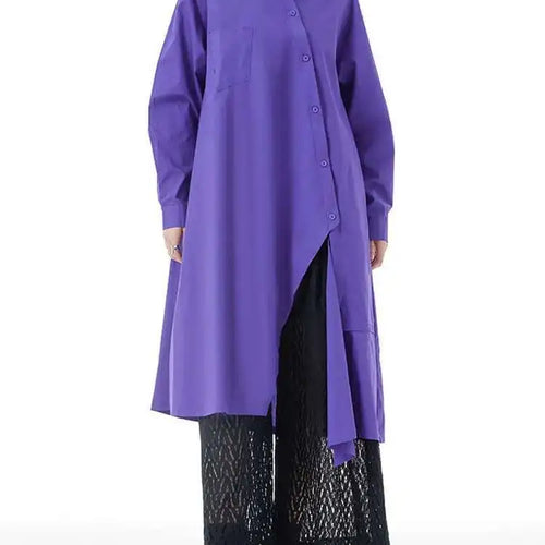 Load image into Gallery viewer, Women Purple Irregular Button Slit Big Size Shirt Dress New Lapel Long Sleeve Fashion Tide Spring Autumn 2025 1DH4827

