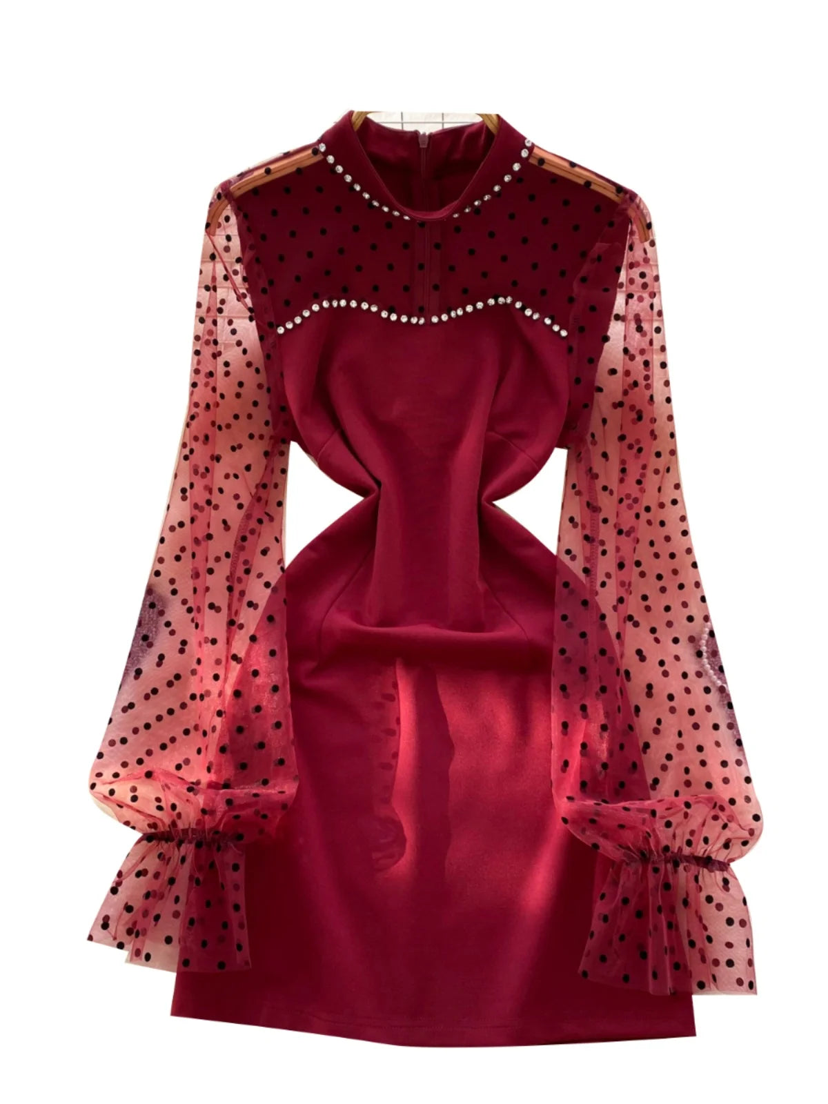 Korean Women Black White Patchwork Mesh Elegant Long Sleeved Office Short Dress Spring Red Polka Dot Round Neck Slim Party Dress