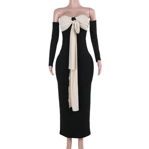Load image into Gallery viewer, Patchwork Off-shoulder Sexy Maxi Dress For Women Gown Contrast Color Strapless Long Sleeve Bodycon Sexy Long Dress
