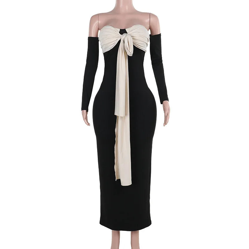 Patchwork Off-shoulder Sexy Maxi Dress For Women Gown Contrast Color Strapless Long Sleeve Bodycon Sexy Long Dress