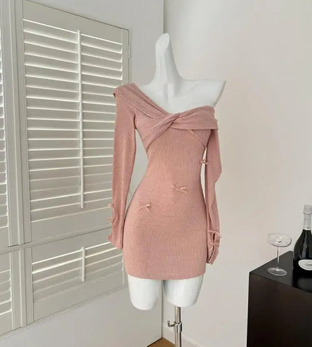 Spring Autumn New Pink Temperament Long Sleeved Knitted Mini Dress Women V Neck Pleated Sexy Wrap Hip Bow Short Dress Simplicity