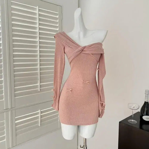 Load image into Gallery viewer, Spring Autumn New Pink Temperament Long Sleeved Knitted Mini Dress Women V Neck Pleated Sexy Wrap Hip Bow Short Dress Simplicity
