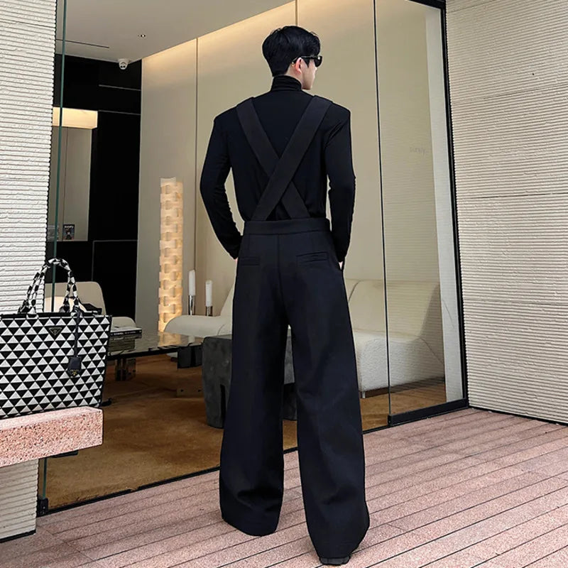 Designer Korean Fashion Woolen Jumpsuit Menwear Casual Wide Shoulder Strap Wide Leg Overalls Autumn Personality 9C2564