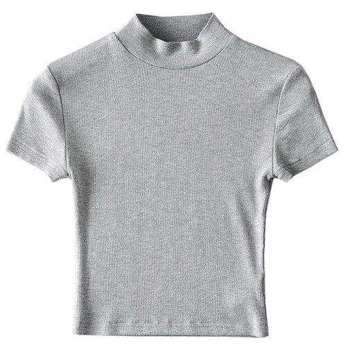 Load image into Gallery viewer, Women High Neck Fitted Short Sleeve T-shirt Rib Crop Rib Top
