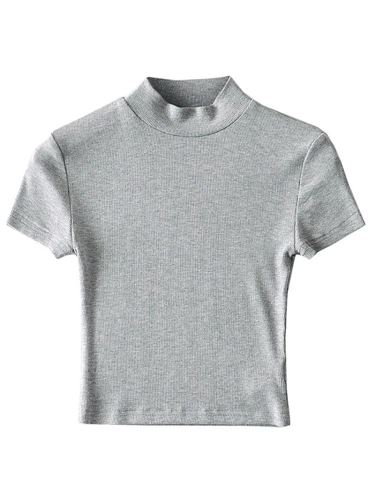 Women High Neck Fitted Short Sleeve T-shirt Rib Crop Rib Top