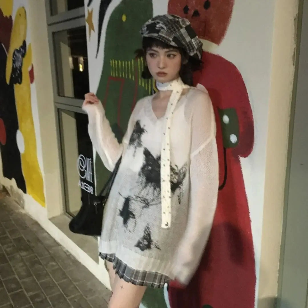 Harajuku Vintage Grunge Butterfly Printing Pullovers Women Y2k Aesthetic See Through Jumpers Streetwear Girl Oversized Sweaters