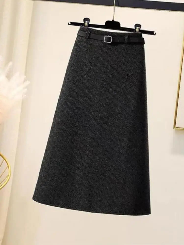 2023 Winter Solid Woolen Midi Skirt Women Elegant Streetwear A-line Zipper Long Skirt Female Vintage High Waist Thick Simple New