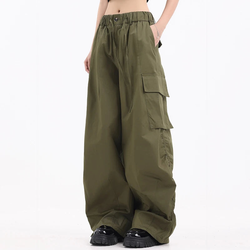 Large Pocket Men's Wide Leg Pants Casual Pleated Drawstring Solid Color Male Cargo Trousers Trendy Spring 9C4195