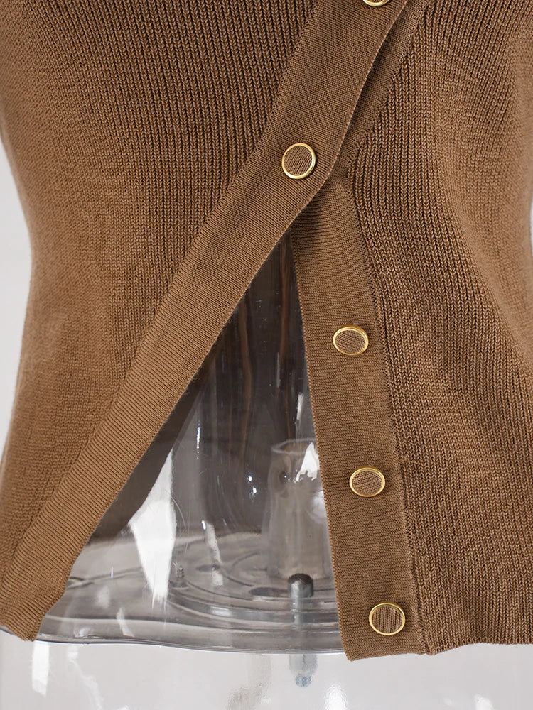 Brown Irregular Slim Knitting Sweater Turtleneck Long Sleeve Women Pullovers New Fashion Tide Spring Autumn 2025 CPDB243