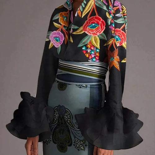 Load image into Gallery viewer, Autumn Vintage Blouses Women&#39;s Flared Sleeves Blouse Urban Flower Printed Elegant Shirts Tops for Woman
