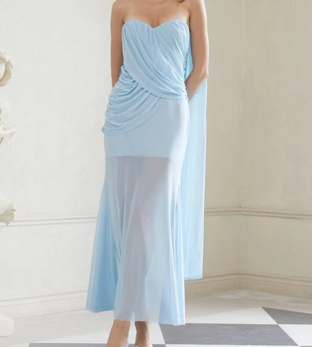 Slimming Sheer Spliced Folds Sexy Dresses for Women Strapless Sleeveless Patchwork Ribbon Elegant Dress Female New